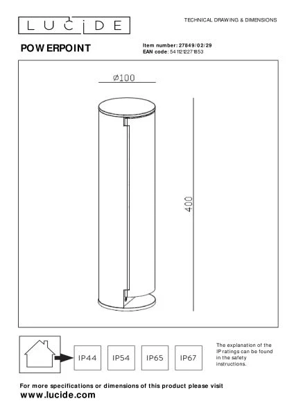 Lucide POWERPOINT - Colonne de prise de courant d'extérieur - Prise de courant avec broche de terre - Type E - Standard FR, BE, POL, SVK & CZE - Ø 10 cm - IP44 - Anthracite - technique